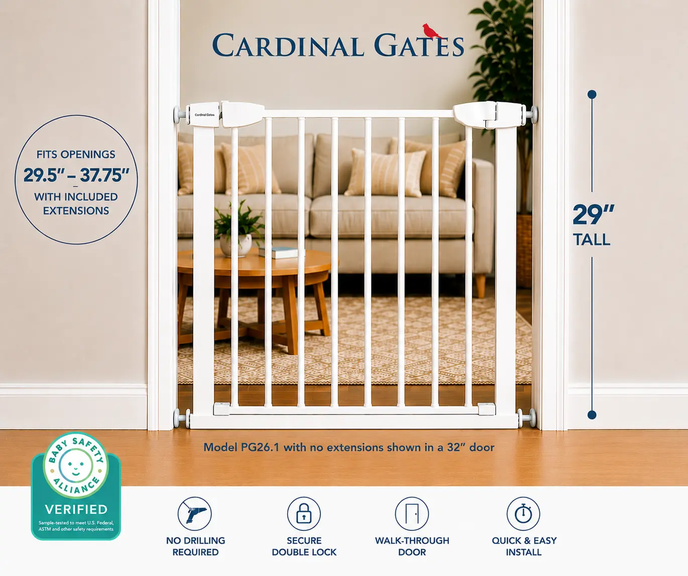 Cardinal Gates PG26 Pressure Mounted  Gate, No Drilling Required, Choose Your Opening Width