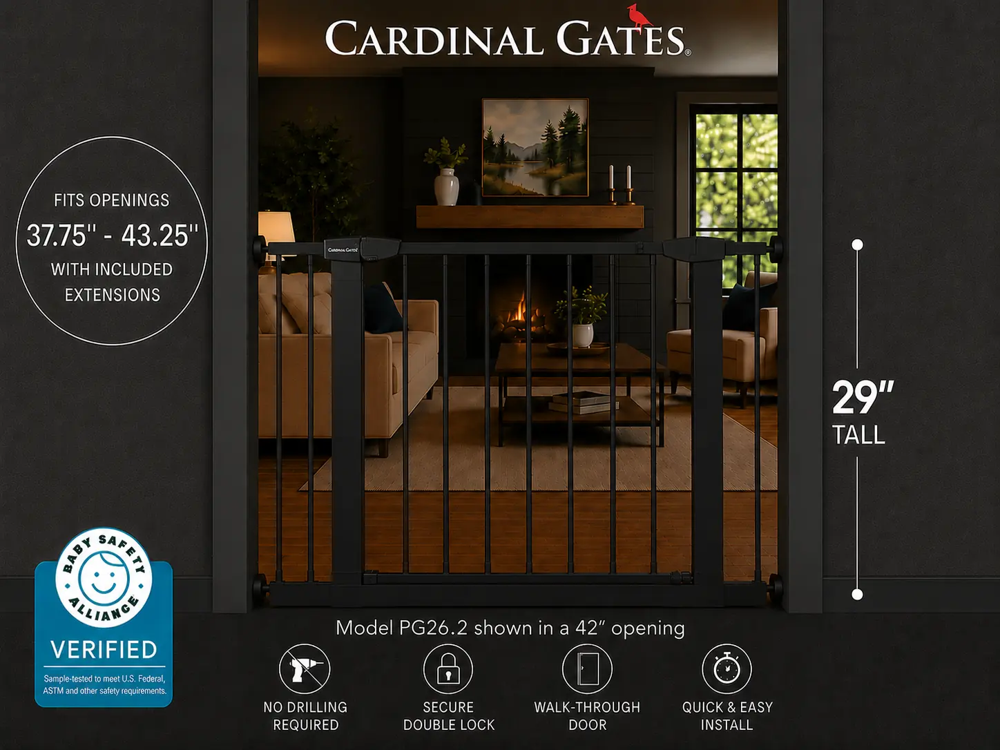 Cardinal Gates PG26 Pressure Mounted  Gate, No Drilling Required, Choose Your Opening Width