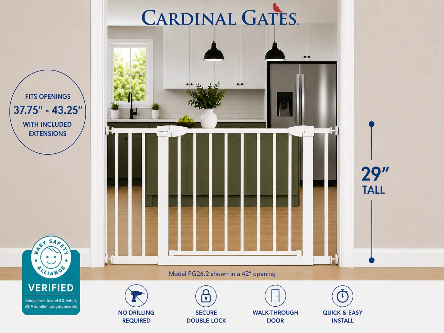 Cardinal Gates PG26 Pressure Mounted  Gate, No Drilling Required, Choose Your Opening Width