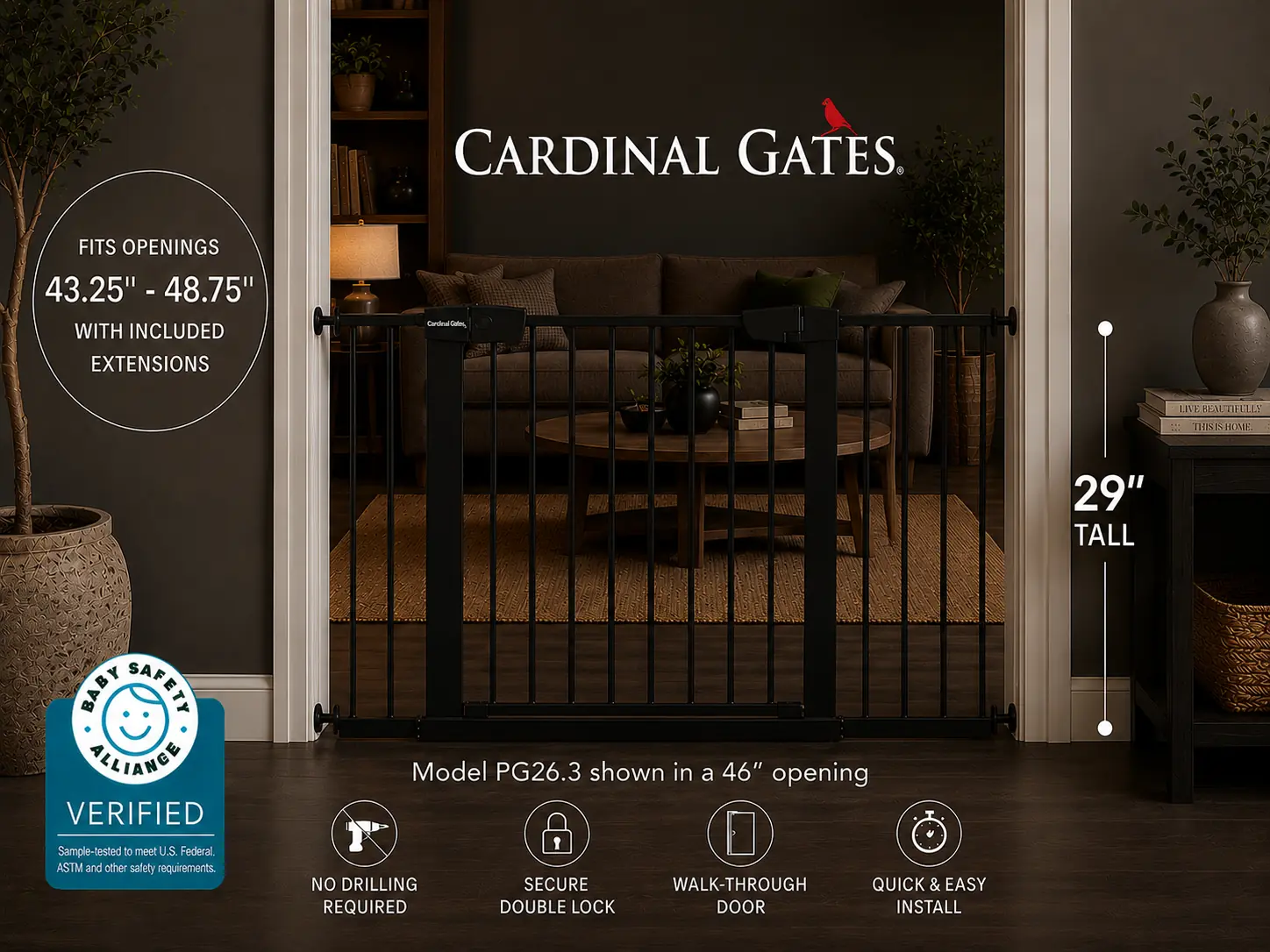 Cardinal Gates PG26 Pressure Mounted  Gate, No Drilling Required, Choose Your Opening Width