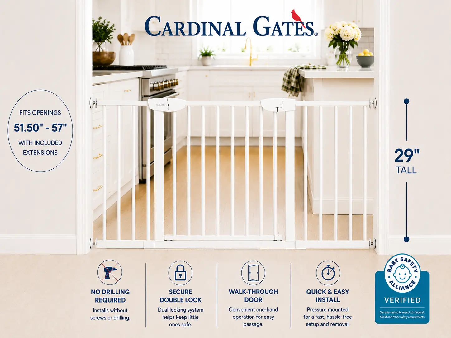 Cardinal Gates PG26 Pressure Mounted  Gate, No Drilling Required, Choose Your Opening Width